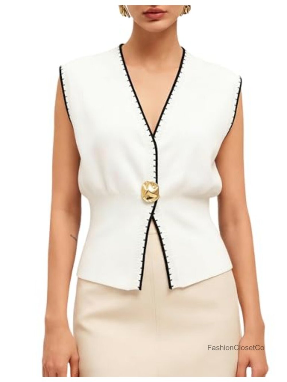 V Neck Knit Vest Casual Button Down Sleeveless Contrast Trim Sweater Top